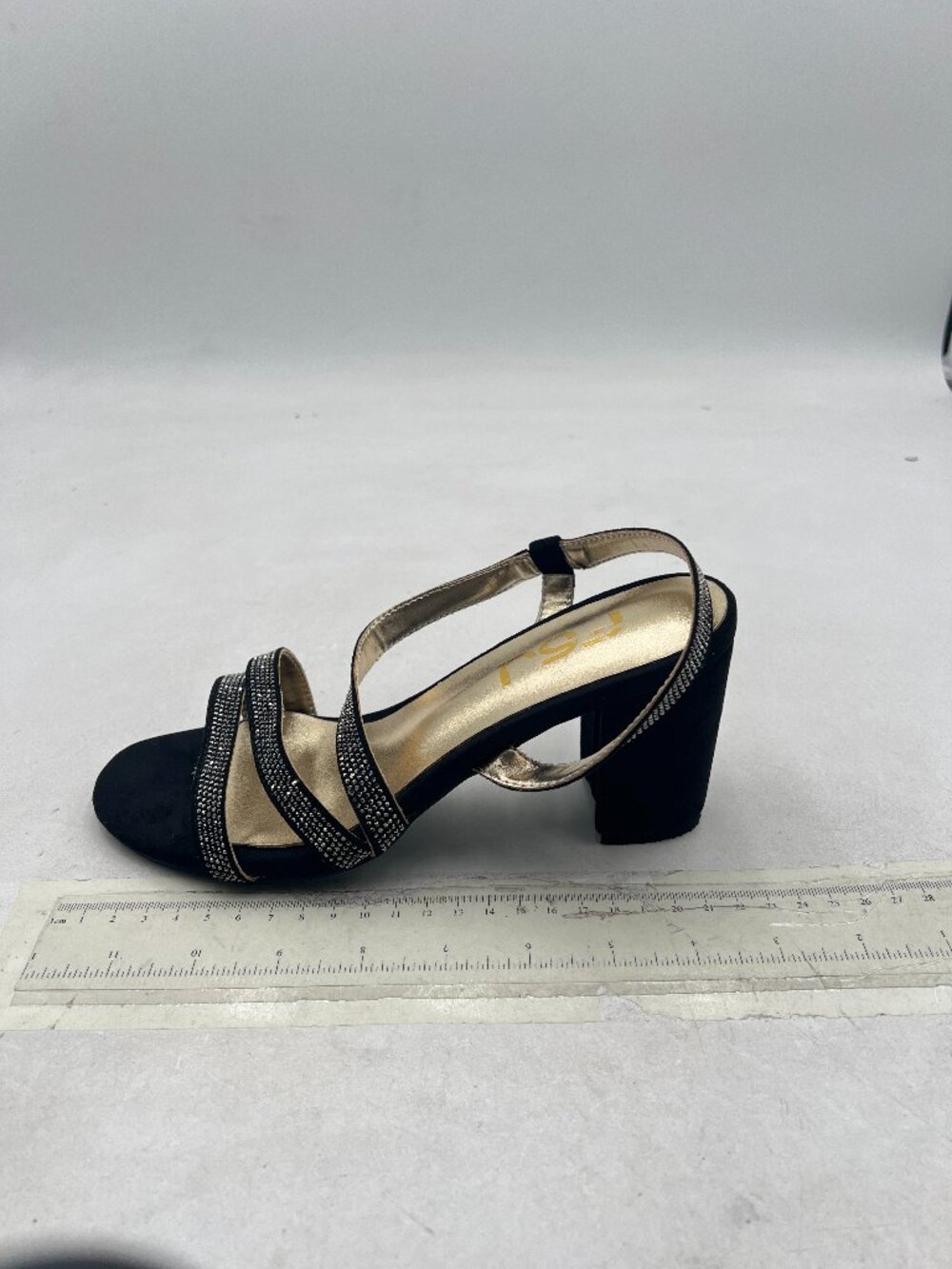FSJ Black Rhinestones Open Toe Slingback Sandals Chunky Heel Formal Evening Shoe